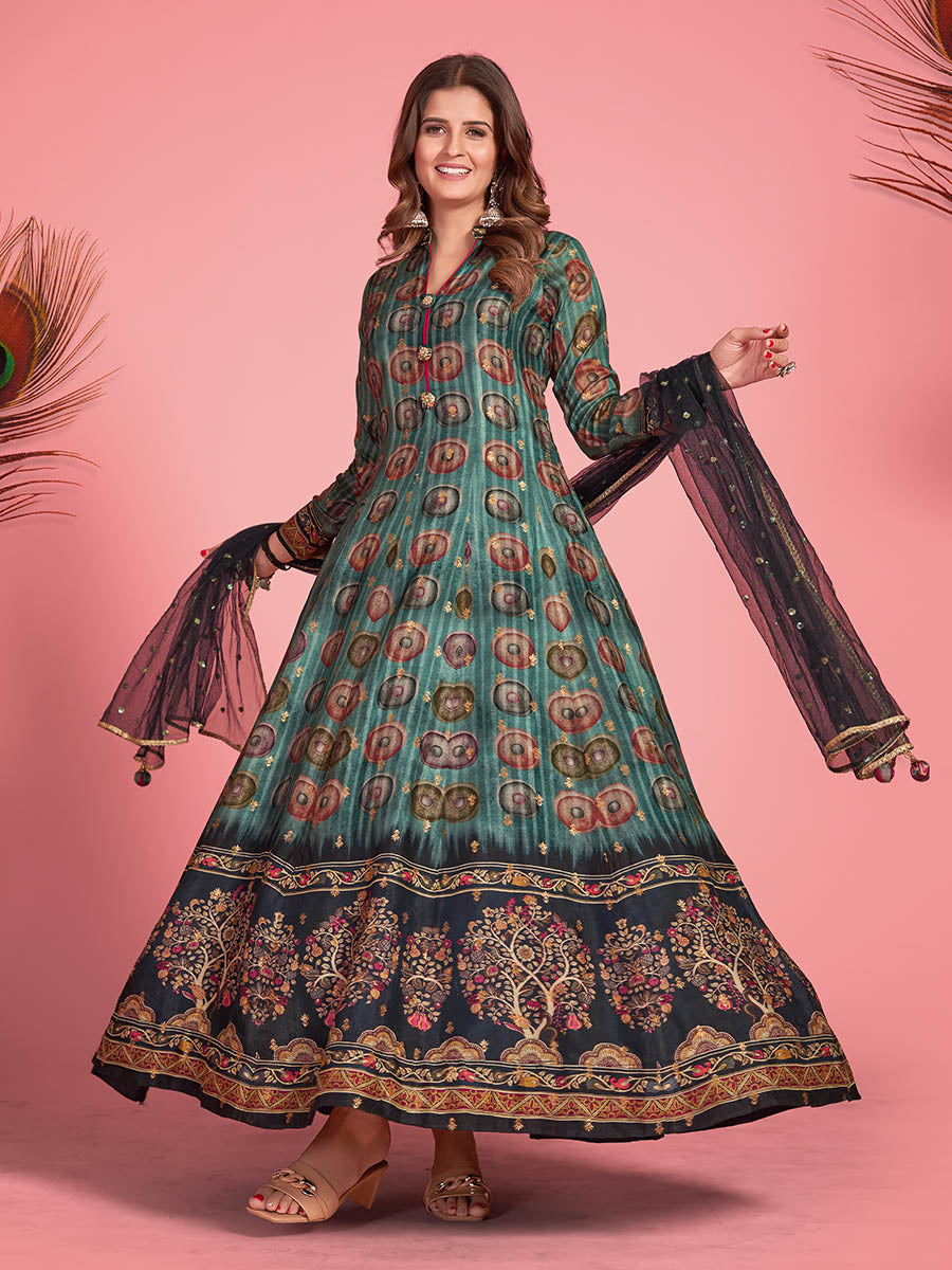 Myra Multicolour Pure Dola Silk Designer Gown Style Suit