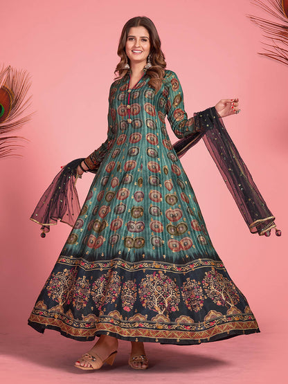 Myra Multicolour Pure Dola Silk Designer Gown Style Suit