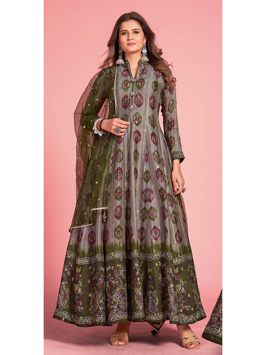 Myra Multicolour Pure Dola Silk Designer Gown Style Suit