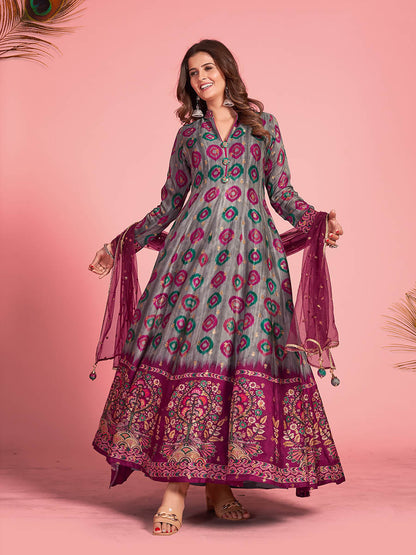 Myra Multicolour Pure Dola Silk Designer Gown Style Suit