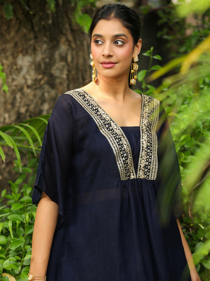Janasya Navy Blue Silk Blend Yoke Embroidery Co-Ords