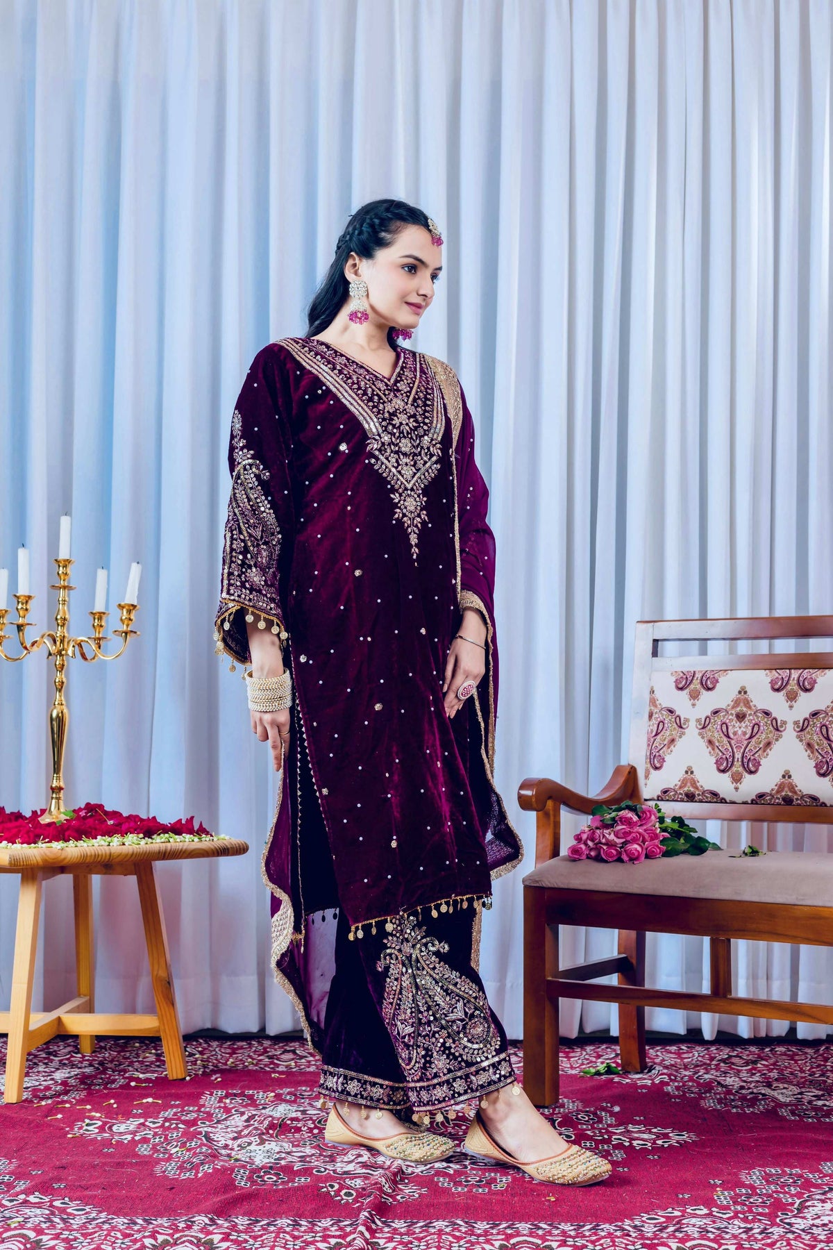 Joban Fashion deep Plum Velvet Embroidery Kurta Set