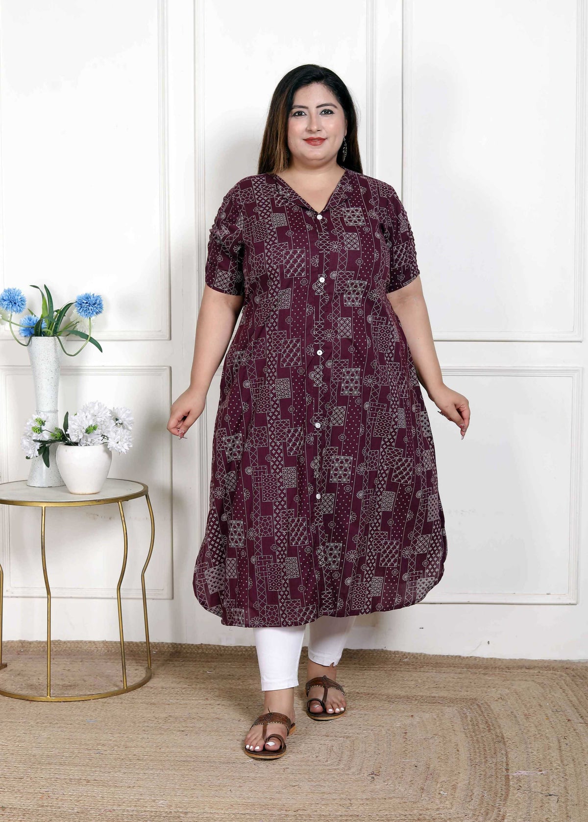 Miravan Women's Plus Size Wine Mandarin Neck Floral Printed A-Line Party wear Kurta