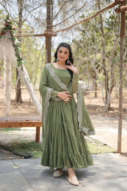Joban Fashion Mehandi Georgette Sequence Embroidery Work Kurta Set