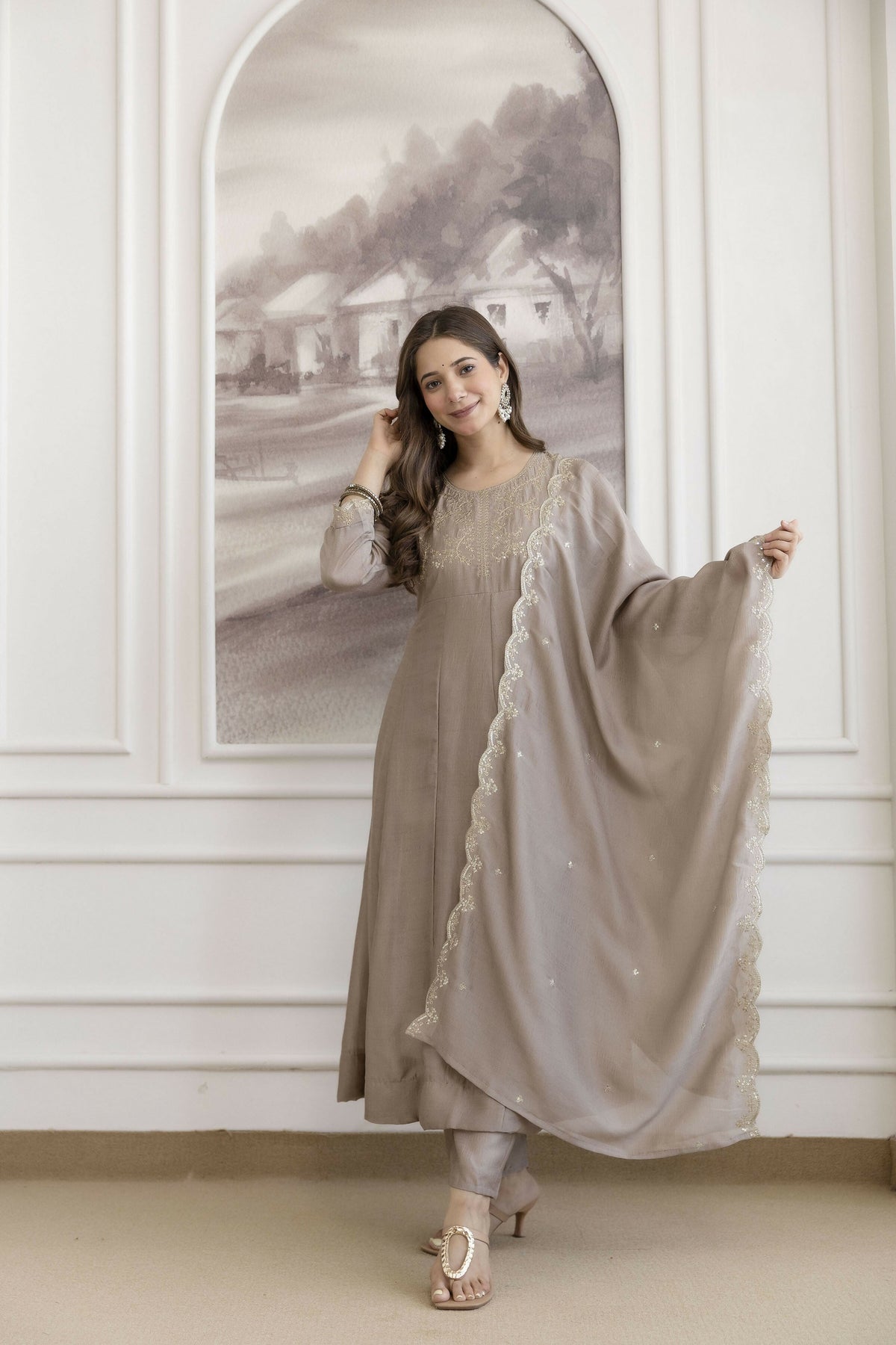 The52 Chiku Women's Beautiful Vichitra Silk Fabric Embroidered Work Flared Anarkali Pant and Dupatta Set