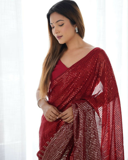 Red Georgette Designer Sequence Embroidery Work Saree - Sitare