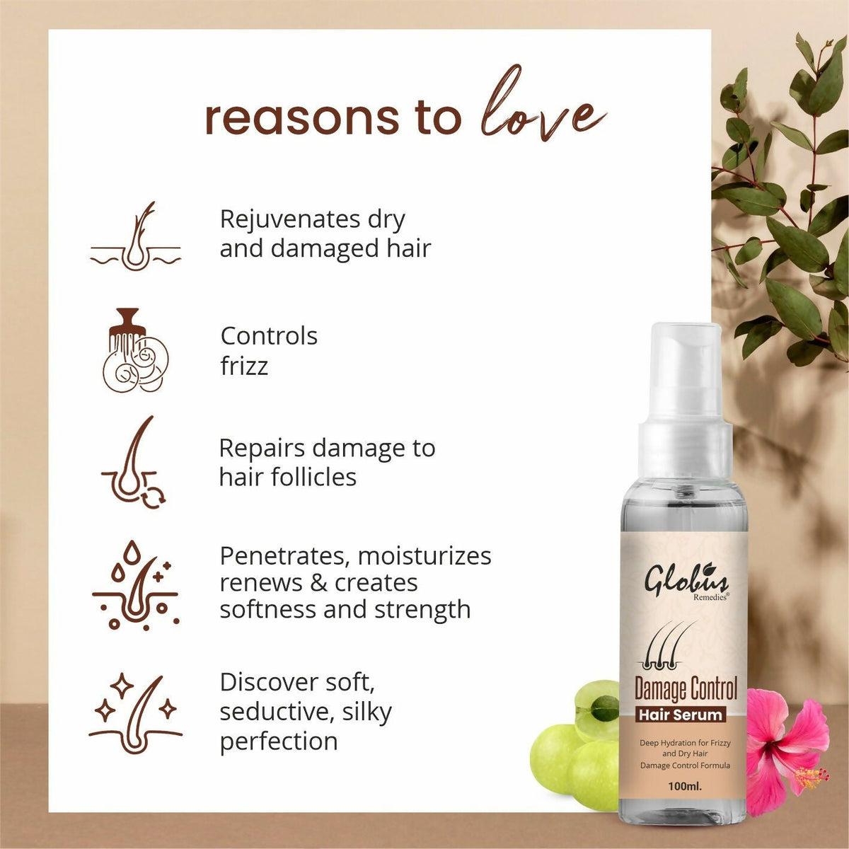 Globus Remedies Damage Control Hair Serum, For Frizzy Hair, Smoothens Rough Ends, Adds Instant Shine,100ml