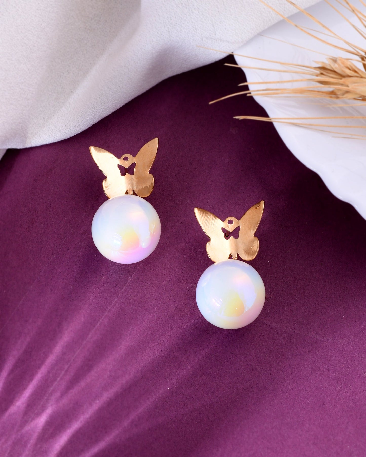 VOJ Women Gold-Polished Butterfly Pearl Studs Earrings