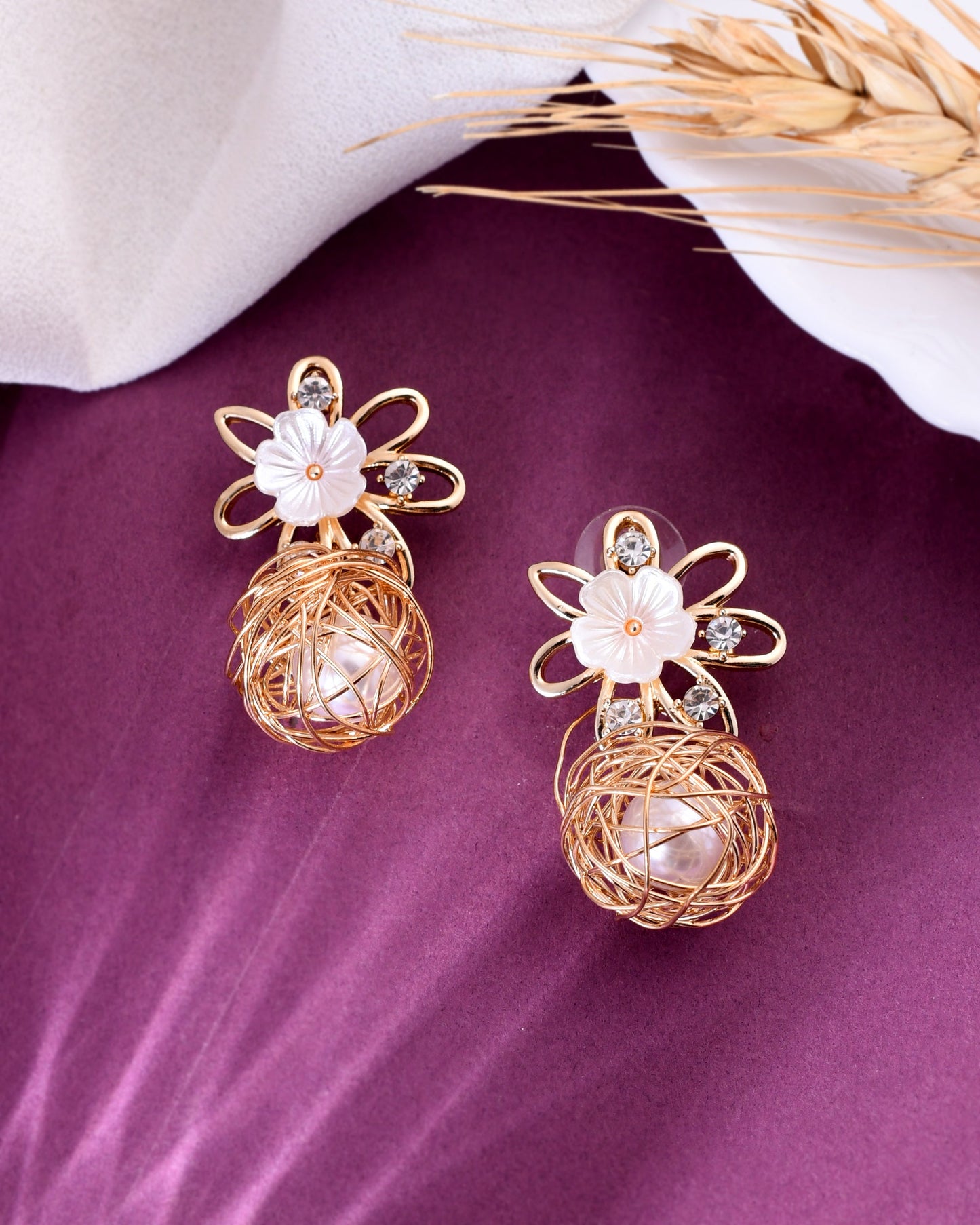 VOJ Women Gold-Polished Flower Peral Studs Earrings