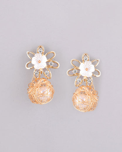 VOJ Women Gold-Polished Flower Peral Studs Earrings