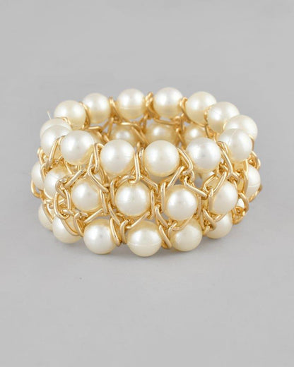 VOJ Women White and Gold Toned Pearls Gold-Polished Multi Strand Bracelet