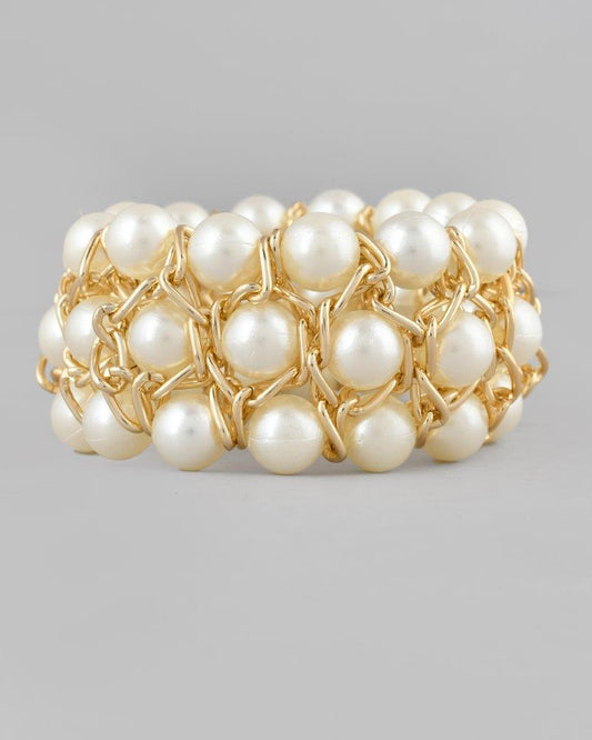 VOJ Women White and Gold Toned Pearls Gold-Polished Multi Strand Bracelet