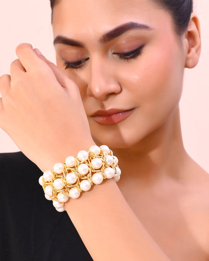 VOJ Women White and Gold Toned Perals Gold-Polished Multi Strand Bracelet