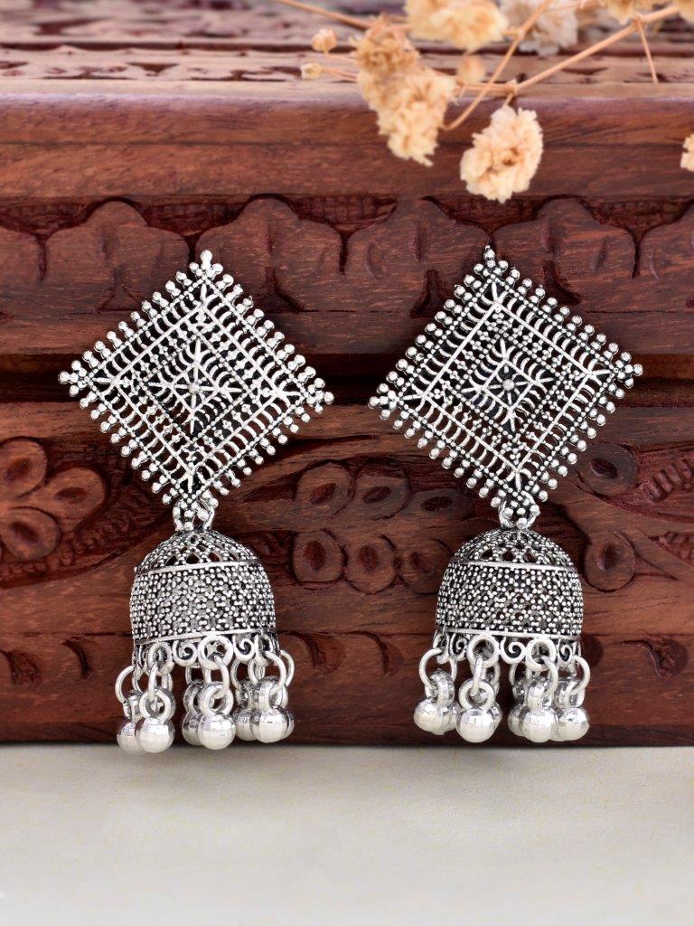 VOJ Silver Plated Oxidised Jhumka