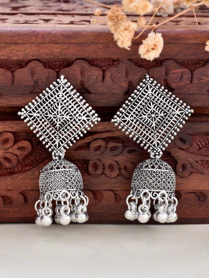 VOJ Silver Plated Oxidised Jhumka