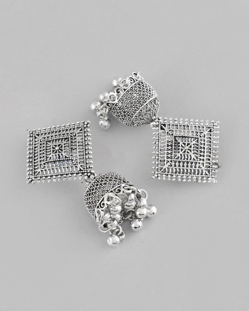 VOJ Silver Plated Oxidised Jhumka