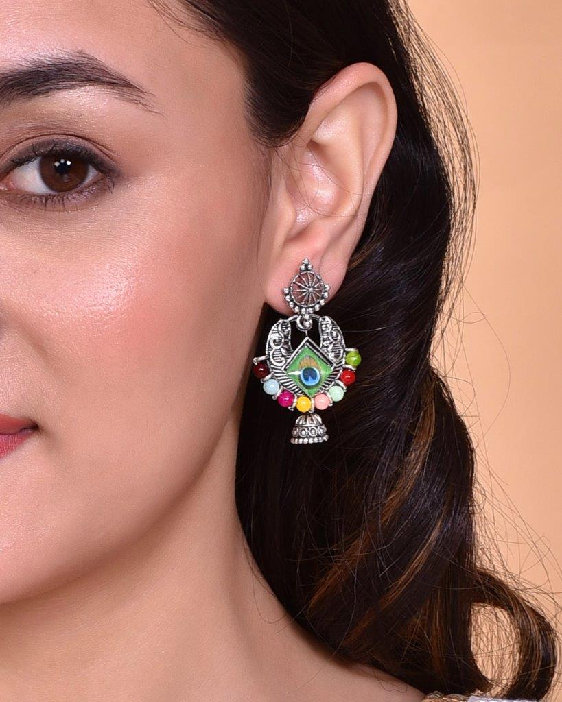 VOJ Silver Plated Peacock Contemporay Jhumka Earrings