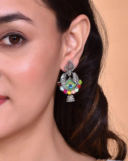 VOJ Silver Plated Peacock Contemporay Jhumka Earrings
