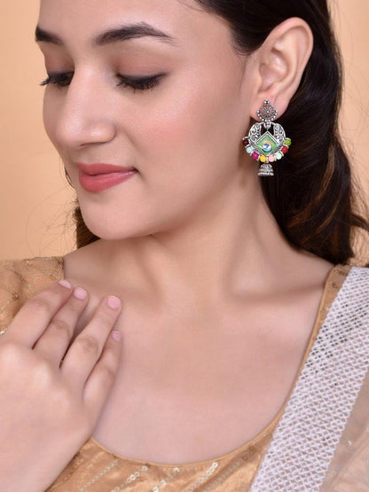 VOJ Silver Plated Peacock Contemporay Jhumka Earrings