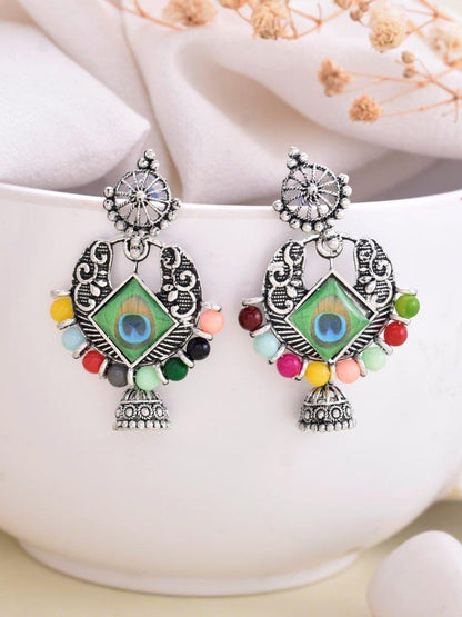 VOJ Silver Plated Peacock Contemporay Jhumka Earrings