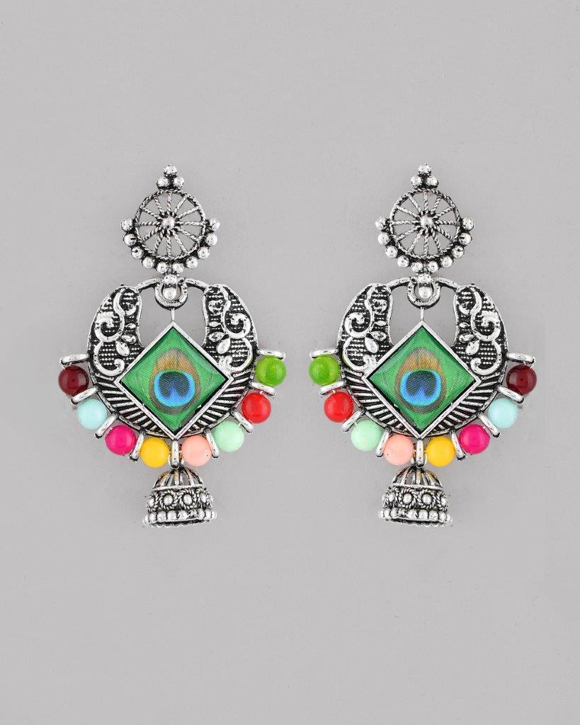 VOJ Silver Plated Peacock Contemporay Jhumka Earrings