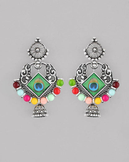 VOJ Silver Plated Peacock Contemporay Jhumka Earrings