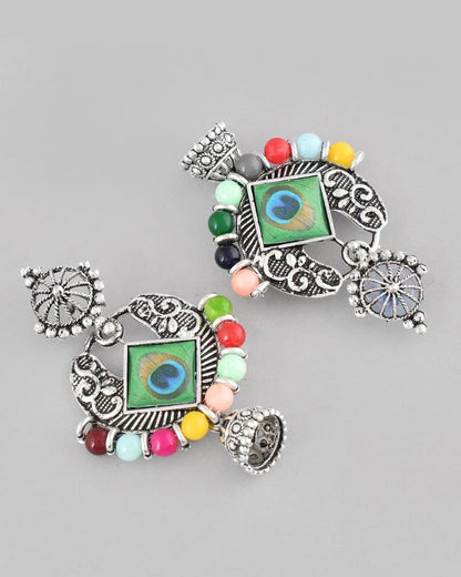 VOJ Silver Plated Peacock Contemporay Jhumka Earrings