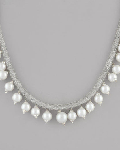 VOJ Silver Plated Pearls and AD-Studded Necklace & Earrings