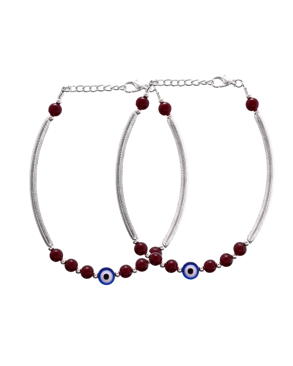 VOJ Set of 2 Silver Plated Artificial Beads Studded Evil Eye Anklet