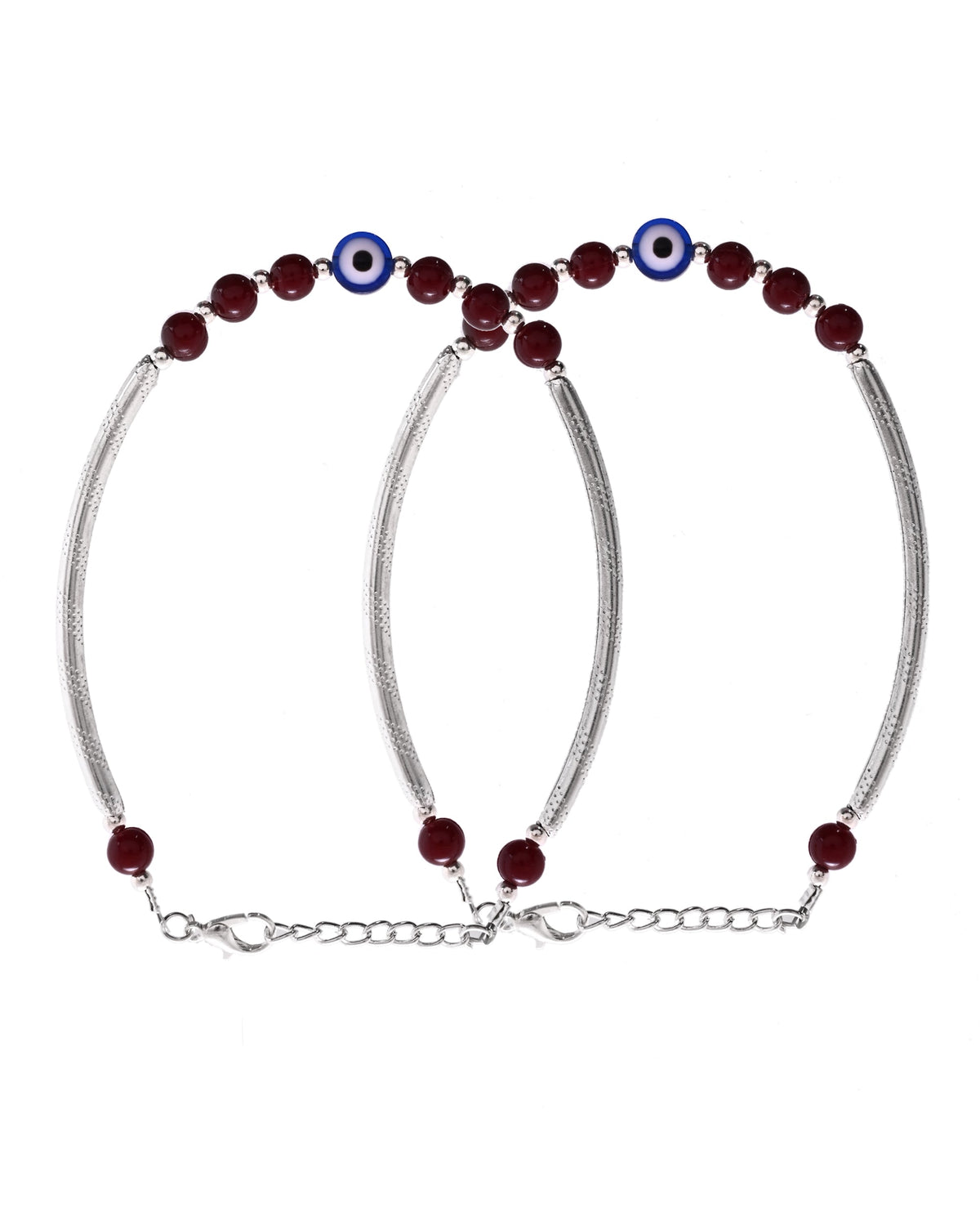 VOJ Set of 2 Silver Plated Artificial Beads Studded Evil Eye Anklet