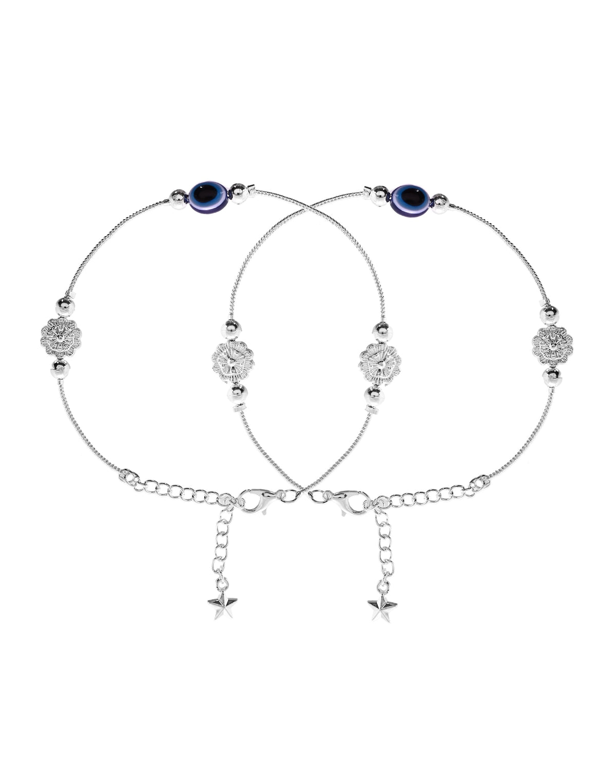 VOJ Set of 2 Silver Plated Evil Eye Bead Studded Stainless Steel Anklet