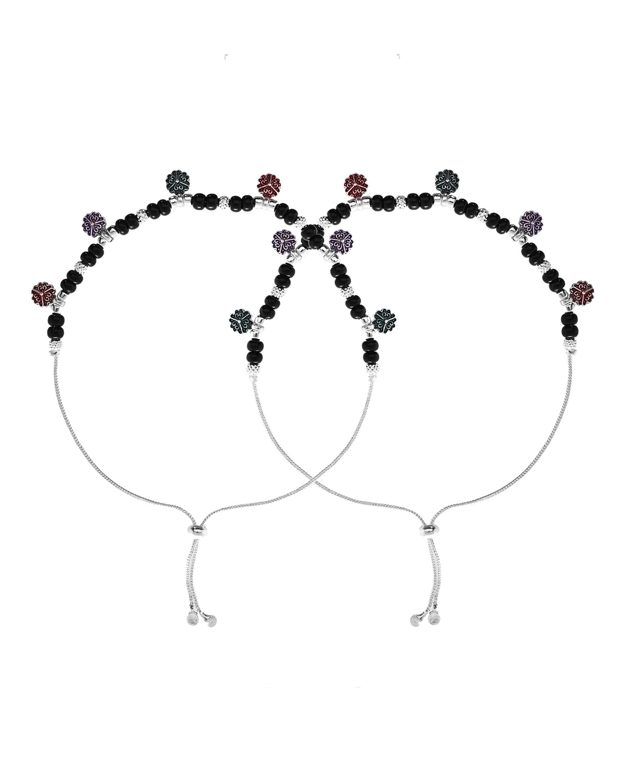 VOJ Set of 2 Stainless Steel Artificial Beads Anklet