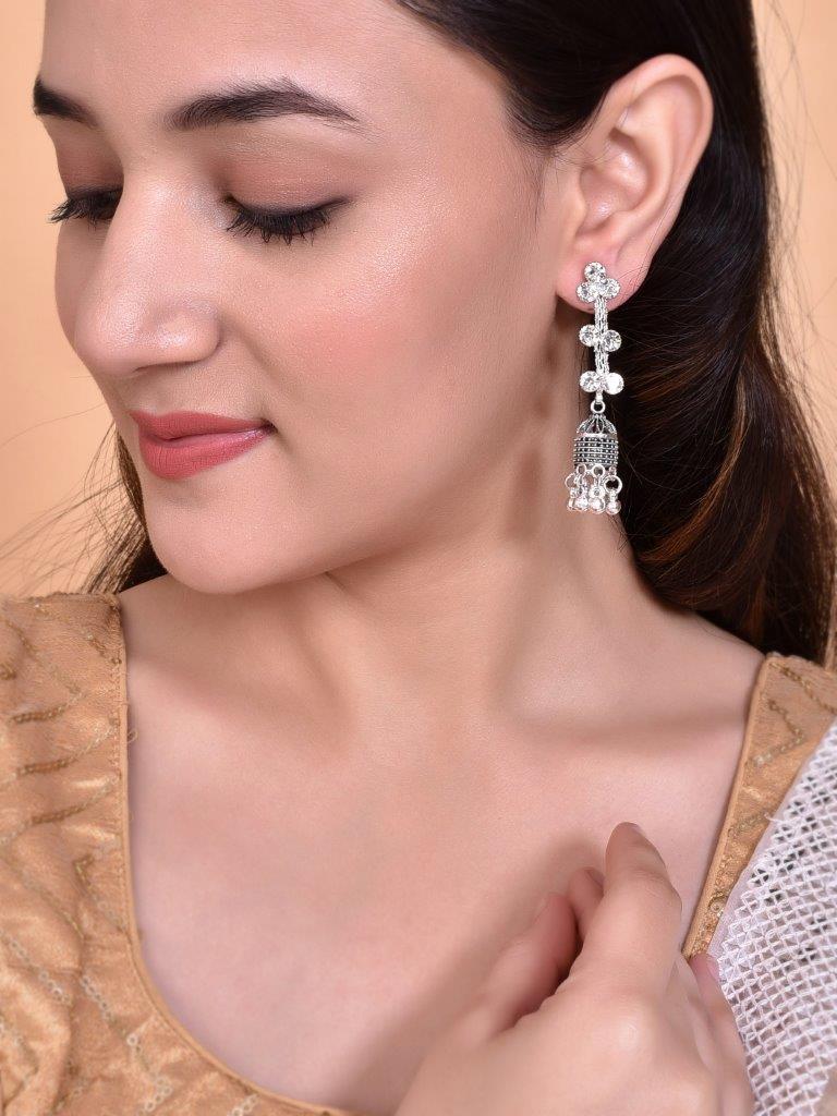 VOJ Studded Oxidised Silver Plated Contemporary Drop Earrings