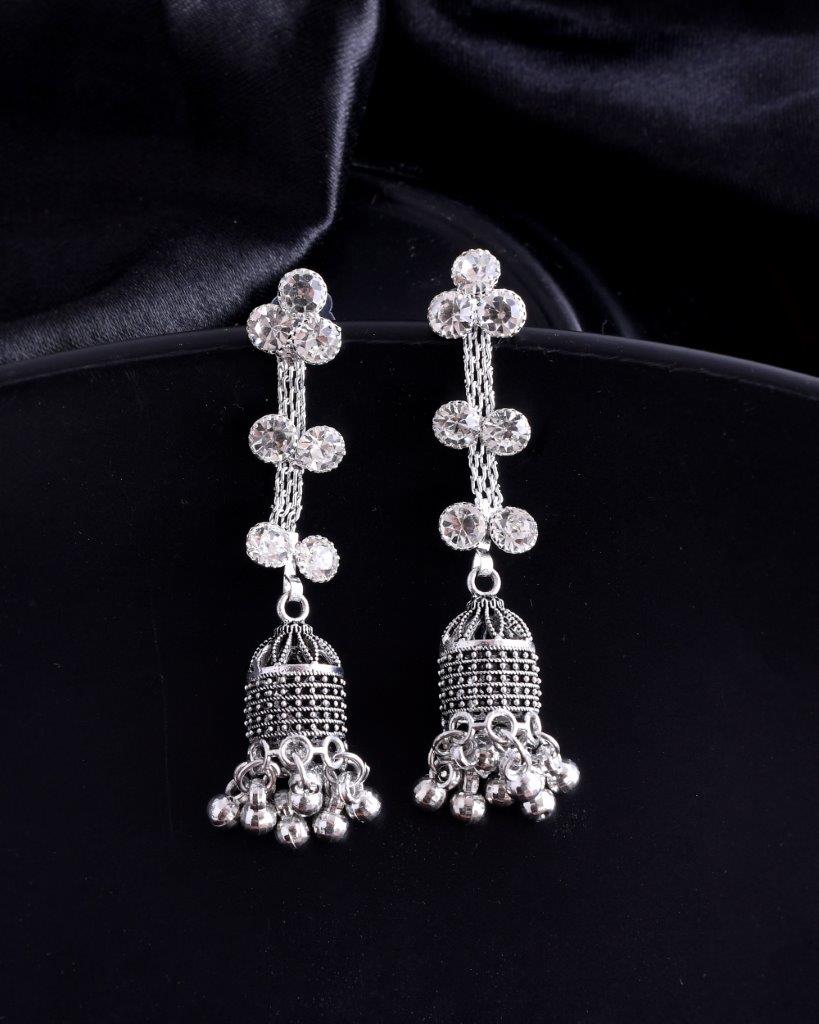 VOJ Studded Oxidised Silver Plated Contemporary Drop Earrings
