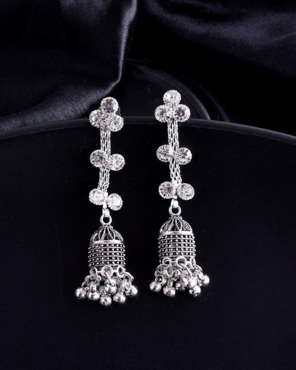 VOJ Studded Oxidised Silver Plated Contemporary Drop Earrings