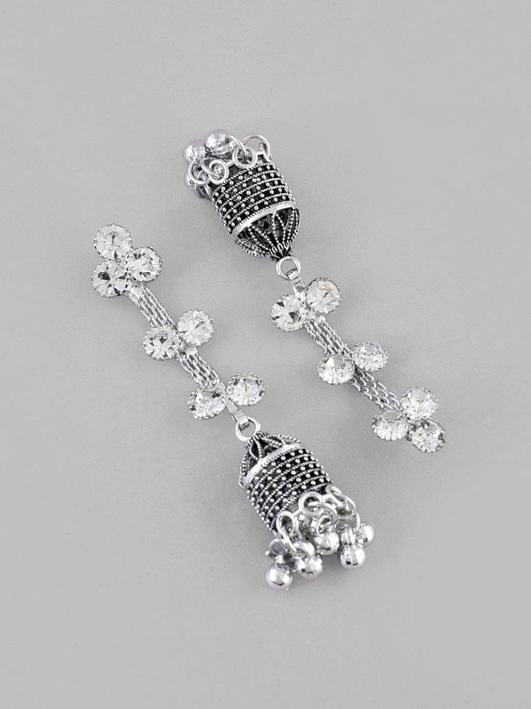 VOJ Studded Oxidised Silver Plated Contemporary Drop Earrings
