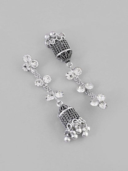 VOJ Studded Oxidised Silver Plated Contemporary Drop Earrings