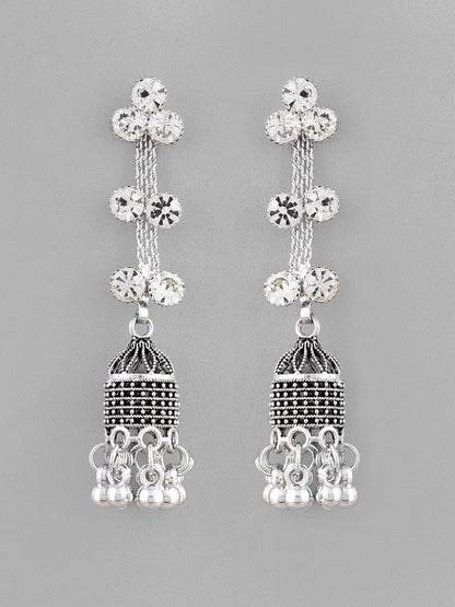 VOJ Studded Oxidised Silver Plated Contemporary Drop Earrings