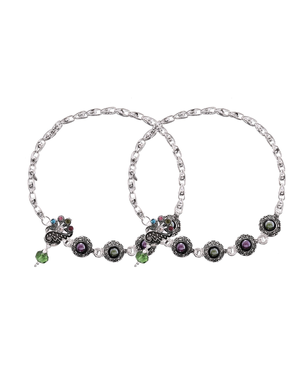 VOJ Set of 2 Handcrafted Stone Studded oxidized Anklet