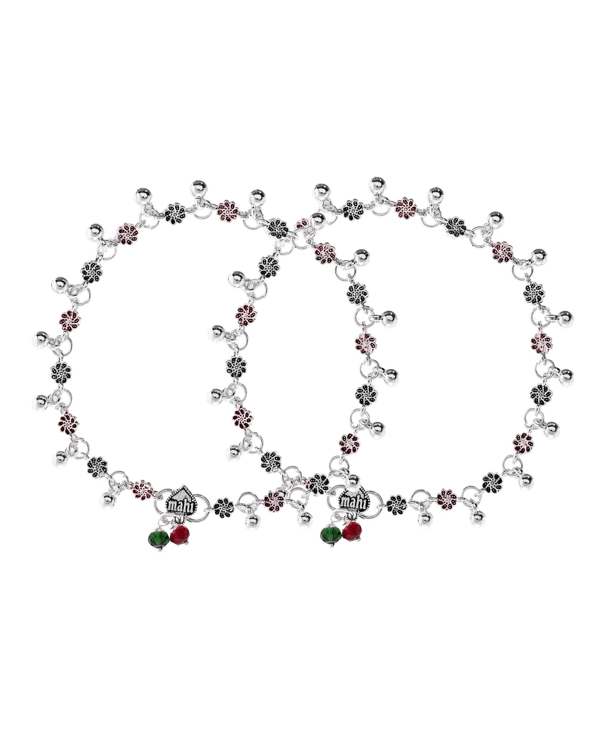 VOJ Set of 2 Silver Plated Floral Designed Meenakari Anklet