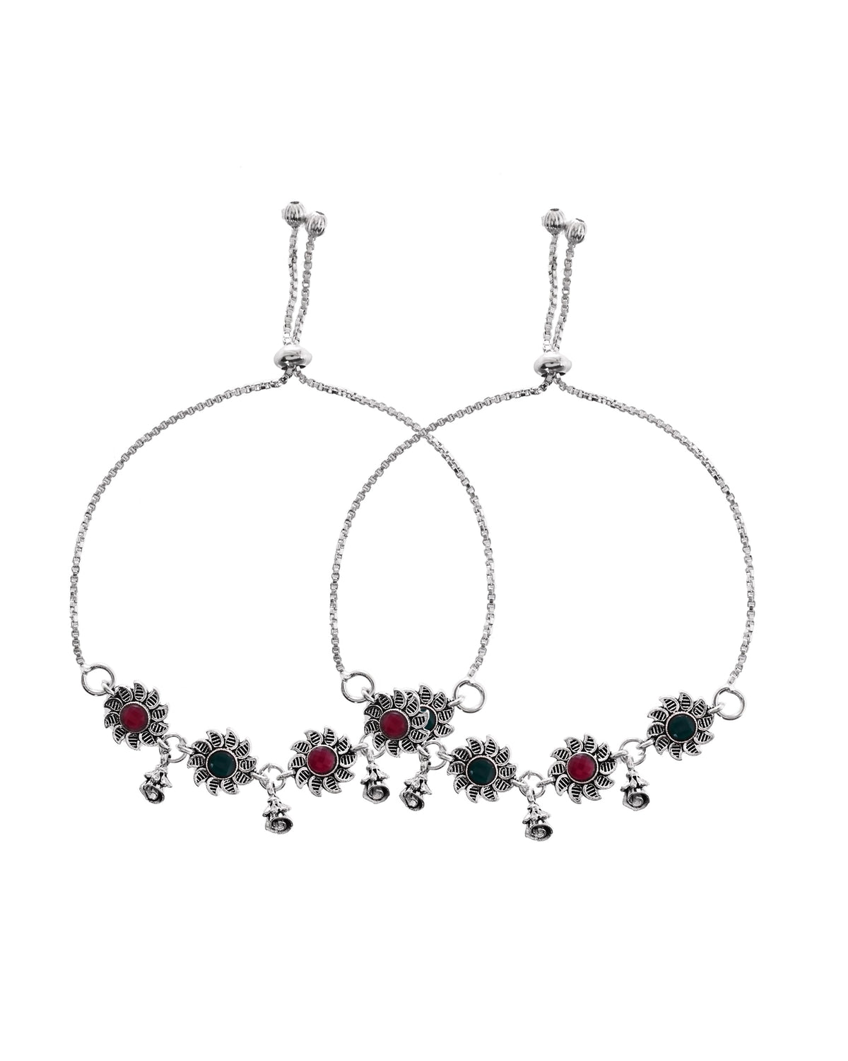 VOJ Set of 2 Silver Plated Floral Designed Stone Studded Anklet