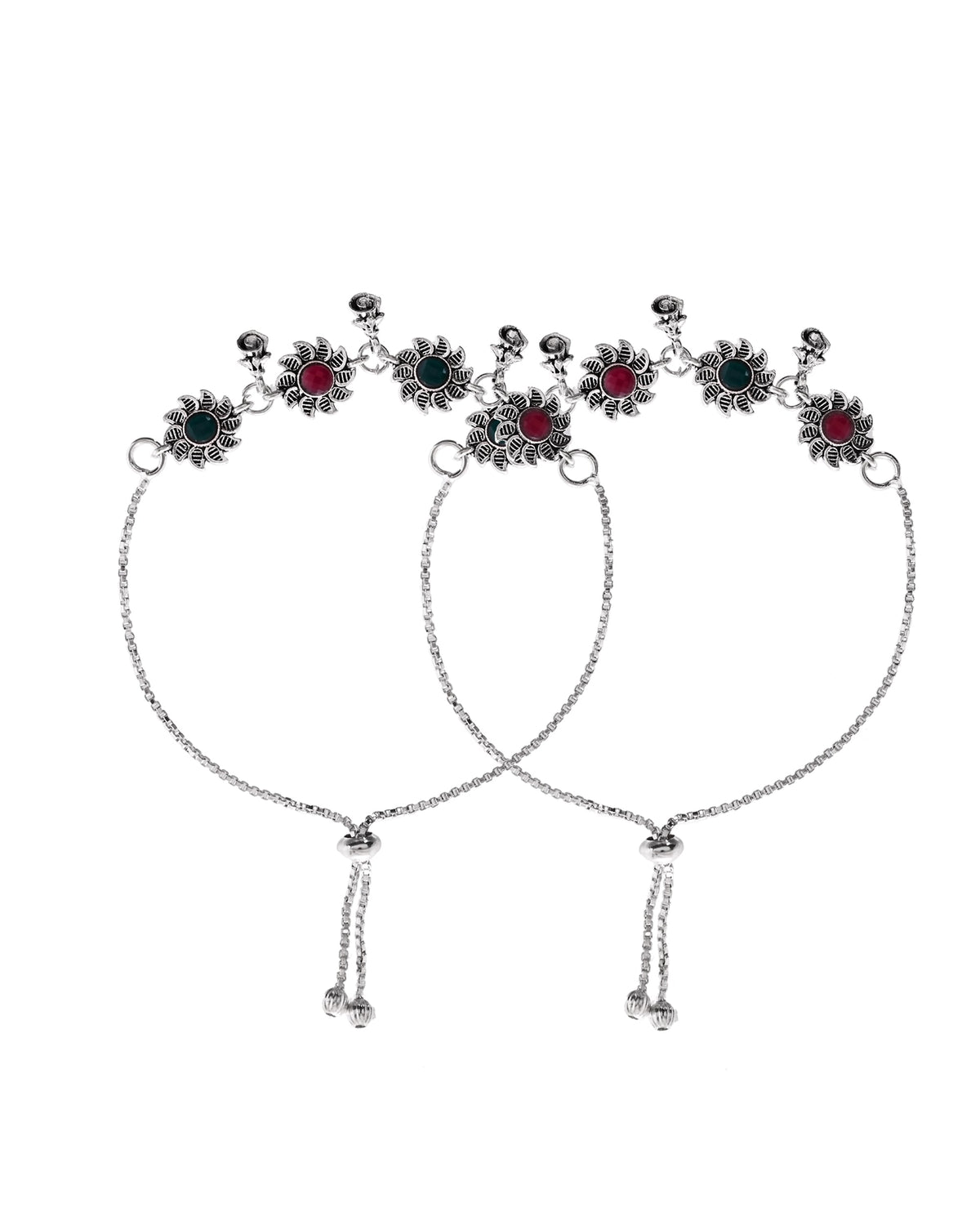 VOJ Set of 2 Silver Plated Floral Designed Stone Studded Anklet