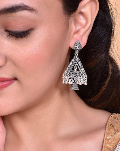 VOJ Studded Triangle Oxidised Silver Plated Contemporary Drop Earrings