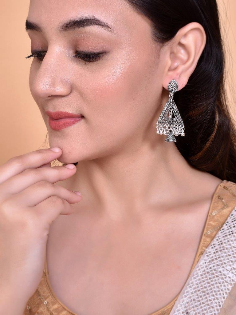 VOJ Studded Triangle Oxidised Silver Plated Contemporary Drop Earrings