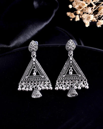 VOJ Studded Triangle Oxidised Silver Plated Contemporary Drop Earrings