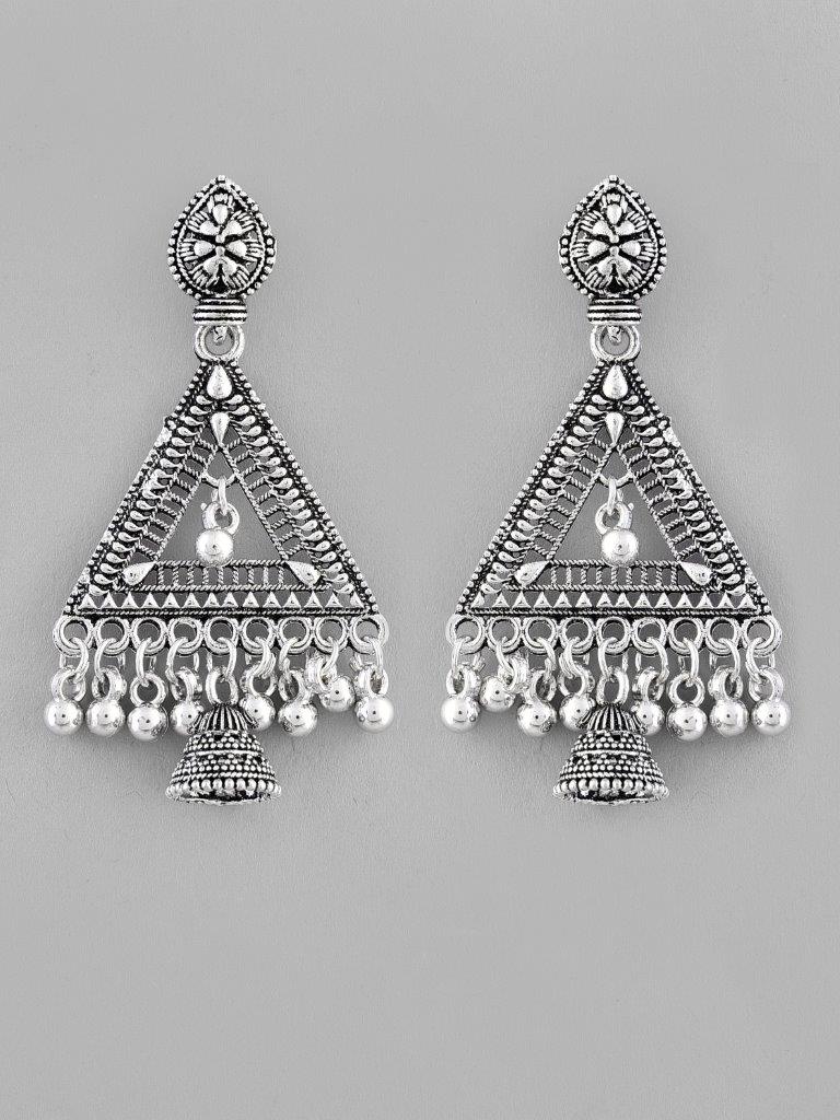 VOJ Studded Triangle Oxidised Silver Plated Contemporary Drop Earrings