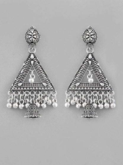 VOJ Studded Triangle Oxidised Silver Plated Contemporary Drop Earrings