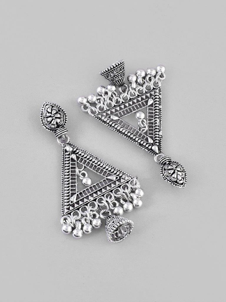 VOJ Studded Triangle Oxidised Silver Plated Contemporary Drop Earrings