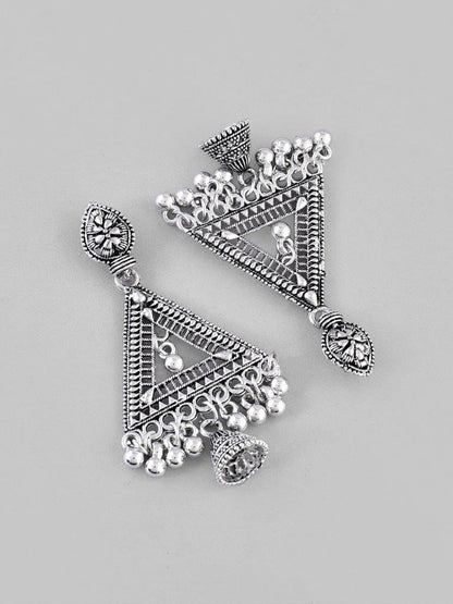 VOJ Studded Triangle Oxidised Silver Plated Contemporary Drop Earrings