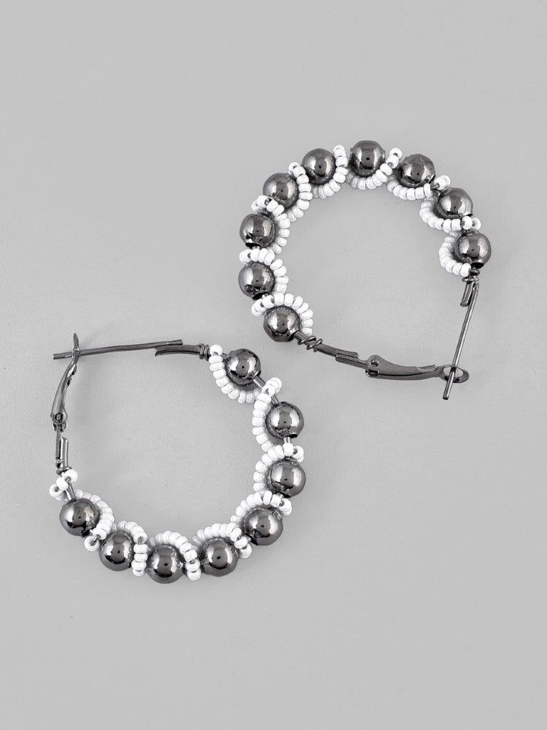 VOJ White Pearl With Silver Bead Hoop Earrings